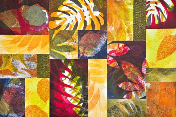 Orange and Red Abstract Botanical Monoprint Collage