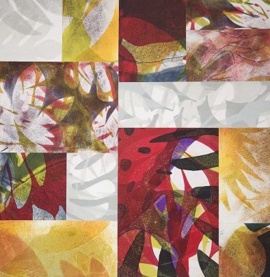 Red Gray and Gold Botanical Monoprint Collage