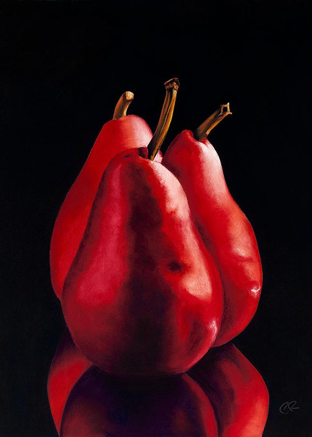 Three Red Pears black background Pastel Painting fine art print