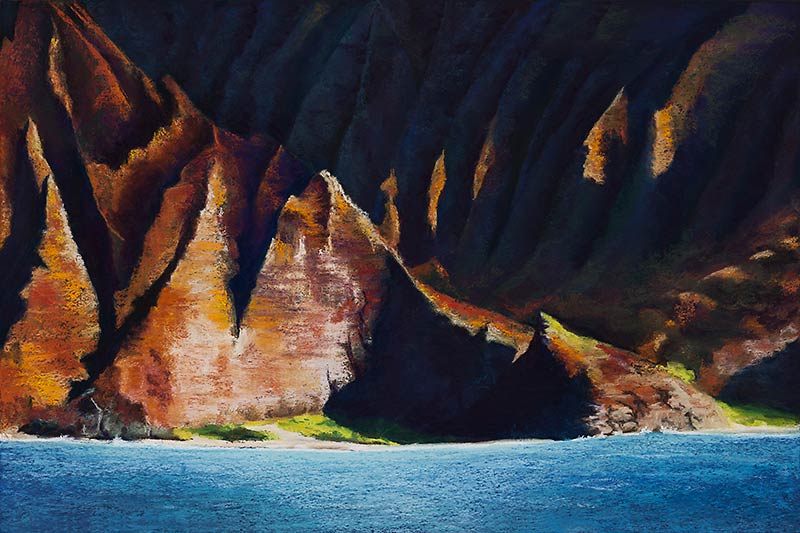 Pastel Painting of Honopu Valley during sunset; Napali Cliffs,Kauai Hawaii.