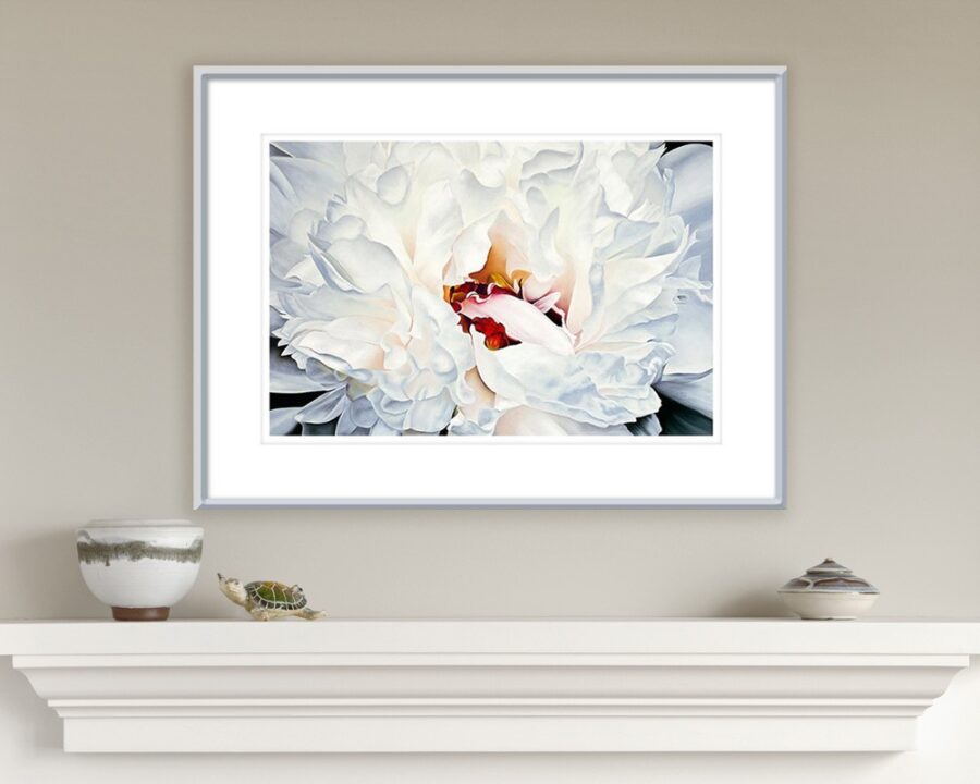 White Peony Flower Pastel Painting Fine Art Print over a fireplace
